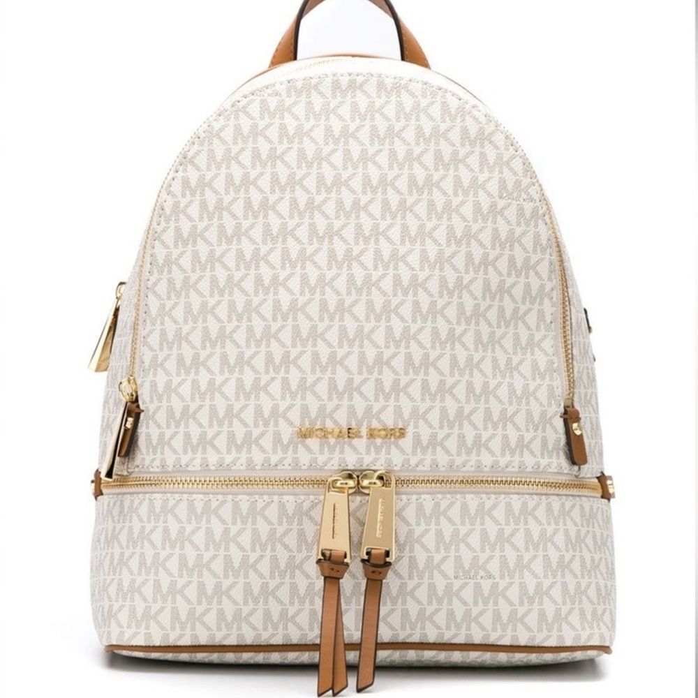 NEW WITH TAGS Michael Kors Rhea Zip Medium Backpack | Vanilla Signature MK